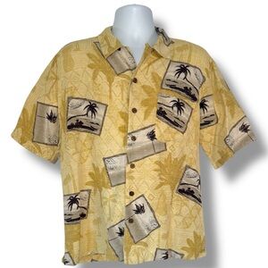 Havana Jack’s Café 100% Silk Hawaiian Shirt Size L Palm Tree Aloha Camp Shirt
